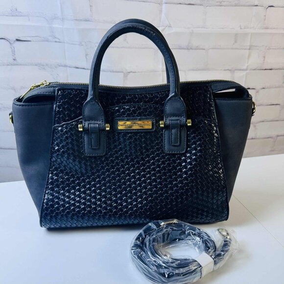 Adrienne Vittadini Black Woven Satchel Handbag with Gold Hardware - Picture 1 of 12